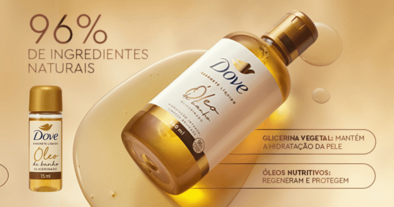 Retire uma amostra grátis do novo Óleo de Banho Glicerinado Dove nas farmácias Raia e Drogasil