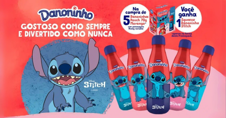 Danoninho lança squeezes colecionáveis do Stitch e distribui aos clientes através de kits promocionais