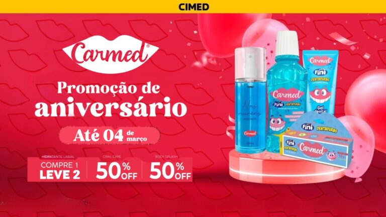 Aniversário Carmed traz promoção com 50% de desconto em body splashes, oral care e hidratantes labiais