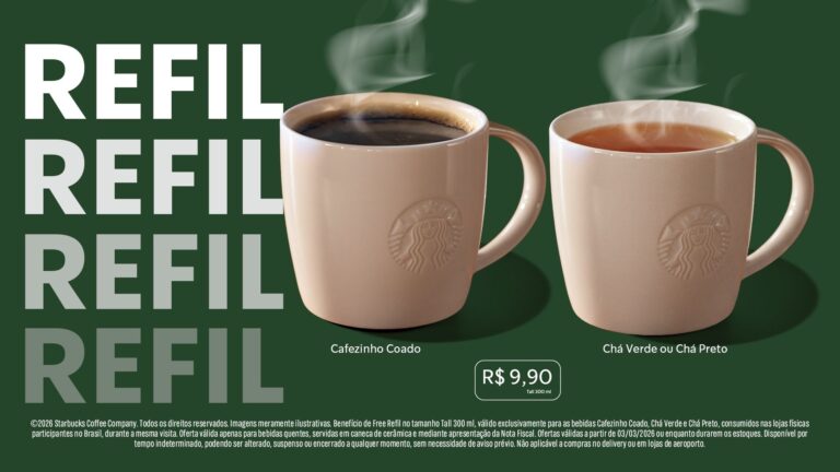 Starbucks lança refil de café coado no Brasil por R$ 9,90 e convida clientes a aproveitar o ambiente por mais tempo