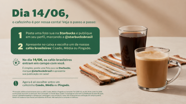 Starbucks Brasil garante um café brasileiro grátis neste domingo para quem postar uma foto nas redes sociais