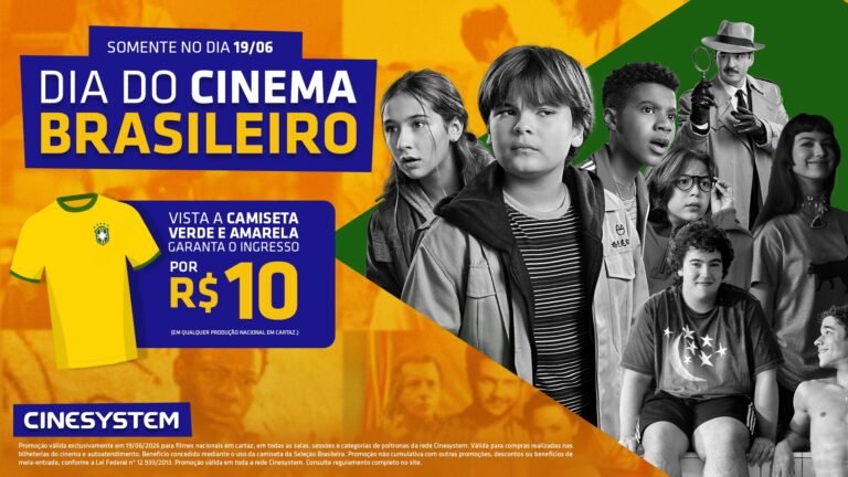 Cinesystem comemora o Dia do Cinema Brasileiro nesta sexta (19) com ingressos a R$ 10 para quem vestir camisa da Seleção