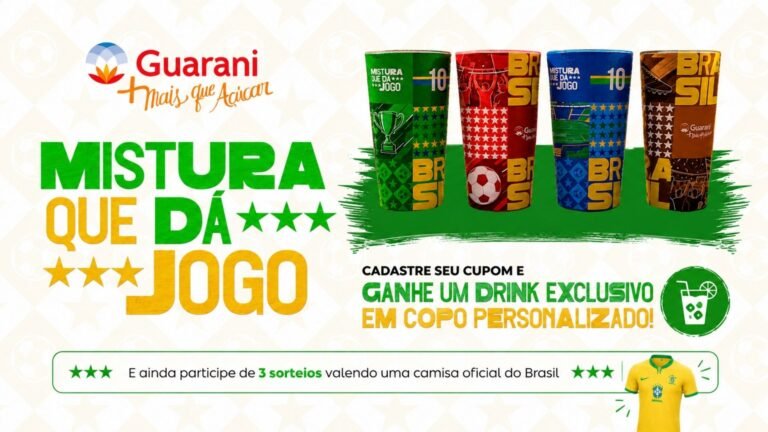 Açúcar Guarani lança promoção com copos colecionáveis, drinks exclusivos e camisas oficiais da Seleção Brasileira