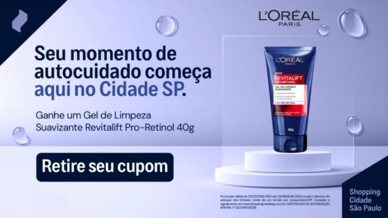 Shopping Cidade SP oferece Gel de Limpeza Facial Revitalift Pro-Retinol da L’Oréal grátis para quem baixar o aplicativo