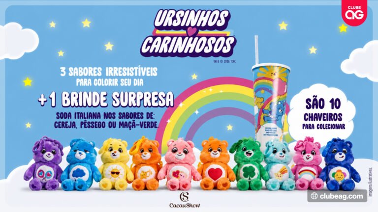 Cacau Show revive sucesso dos Ursinhos Carinhosos e relança Copo Surpresa com soda italiana e novos chaveiros colecionáveis
