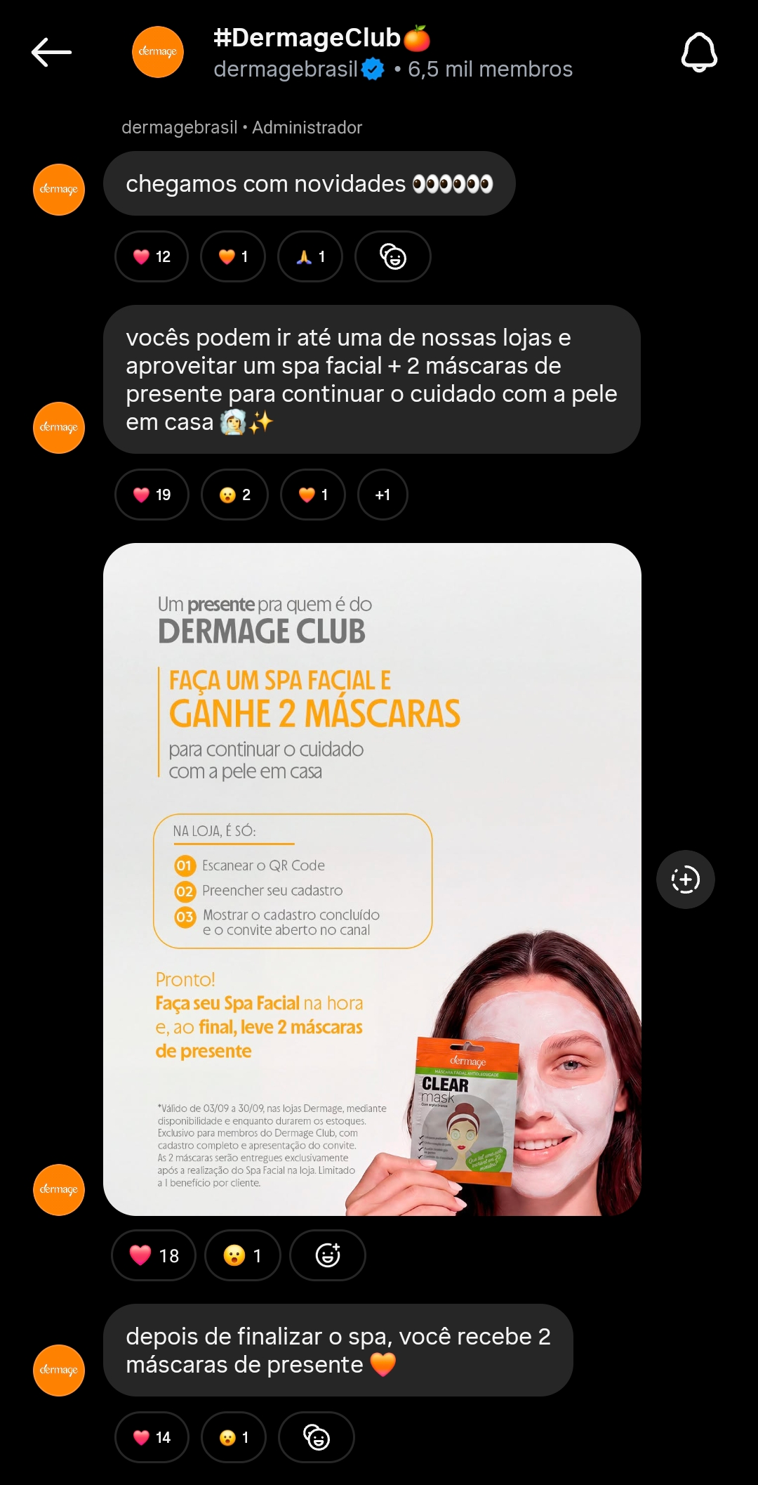 Publicação no canal Dermage Club com as instruções para participar do Spa Facial e receber duas máscaras faciais de presente