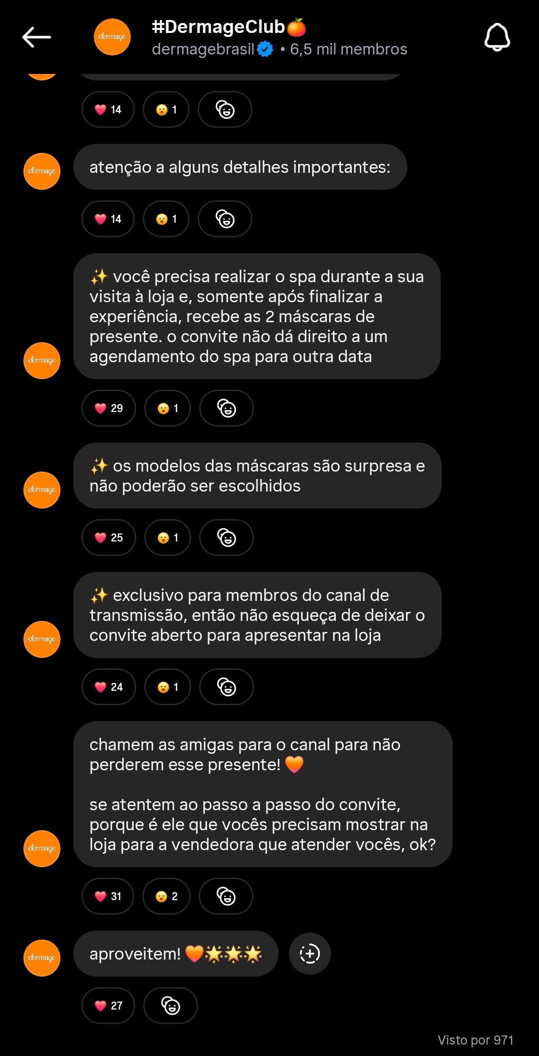 Publicação no canal Dermage Club reforçando a necessidade de apresentar o convite na loja
