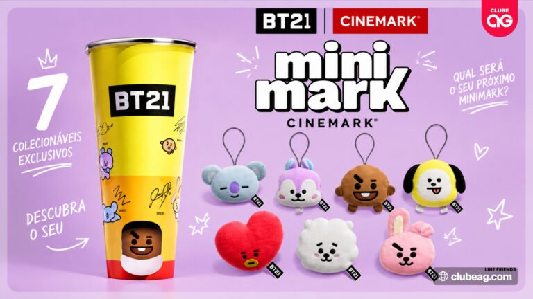 Cinemark apresenta nova coleção de Minimarks de BT21 com sete pelúcias oficiais que transformam cada copo em uma nova surpresa