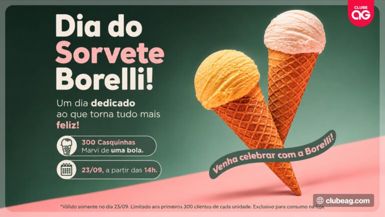 Gelato Borelli vai comemorar o Dia do Sorvete distribuindo 300 casquinhas grátis por loja aos clientes em 23 de setembro